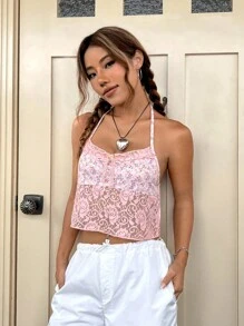 SHEIN EZwear Ditsy Floral Print Contrast Lace Halter Top