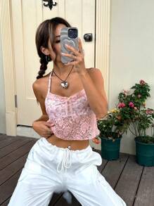 SHEIN EZwear Ditsy Floral Print Contrast Lace Halter Top