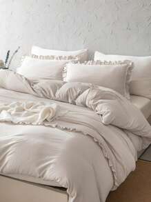 3件套米色荷叶边被套组，波西米亚农舍风格床上用品，荷叶边装饰，柔软超细纤维被套，包含1个被套和2个枕套，不含被芯，适合学生使用