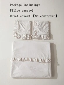 3件套米色荷叶边被套组，波西米亚农舍风格床上用品，荷叶边装饰，柔软超细纤维被套，包含1个被套和2个枕套，不含被芯，适合学生使用