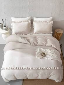 3件套米色荷叶边被套组，波西米亚农舍风格床上用品，荷叶边装饰，柔软超细纤维被套，包含1个被套和2个枕套，不含被芯，适合学生使用