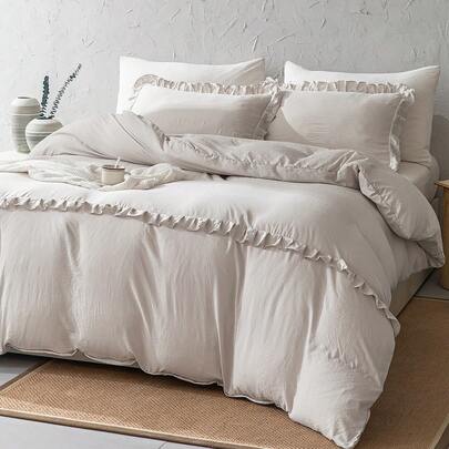 3pcs Beige Ruffled Duvet Cover Set, Bohemian Farmhouse Style Bedding, Ruffled Trim, Soft Microfiber Duvet Cover, 1 Duvet Cover, 2 Pillow Shams, Comforter Not Included, Suitable For School Use