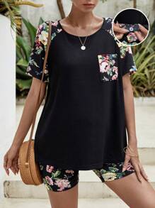 SHEIN Maternity Floral Print Raglan Sleeve Tee & Adjustable Waist Cycling Shorts - Black - View 1