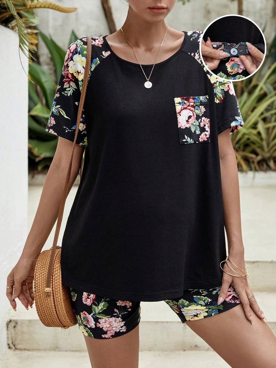 SHEIN Maternity Floral Print Raglan Sleeve Tee & Adjustable Waist Cycling Shorts - Black - View 1