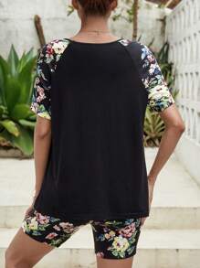 SHEIN Maternity Floral Print Raglan Sleeve Tee & Adjustable Waist Cycling Shorts - Black - View 3