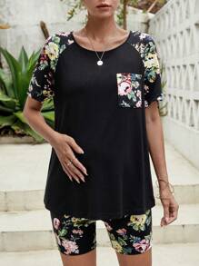 SHEIN Maternity Floral Print Raglan Sleeve Tee & Adjustable Waist Cycling Shorts - Black - View 4
