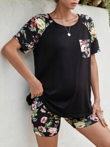 SHEIN Maternity Floral Print Raglan Sleeve Tee & Adjustable Waist Cycling Shorts - Black - View 5