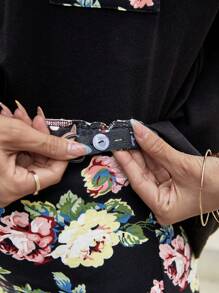 SHEIN Maternity Floral Print Raglan Sleeve Tee & Adjustable Waist Cycling Shorts - Black - View 6