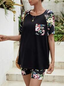 SHEIN Maternity Floral Print Raglan Sleeve Tee & Adjustable Waist Cycling Shorts - Black - View 7