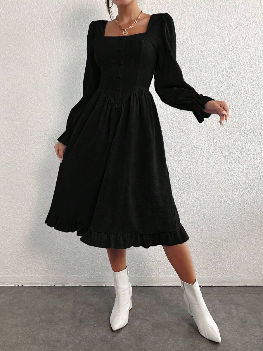 SHEIN LUNE 方領喇叭袖荷葉邊洋裝 - 黑色 - 查看 1