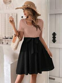 SHEIN LUNE 雙色網眼刺繡繫腰帶連衣裙 - 黑色 - 查看 3