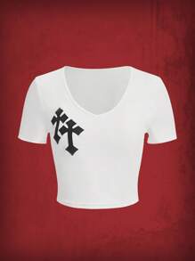 ROMWE Grunge Punk Plus Letter Graphic Crop Tee - White - View 1