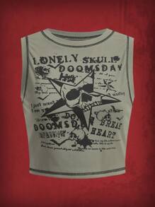 ROMWE Grunge Punk Skull & Letter Graphic Top-stitching Tank Top - Army Green - View 1