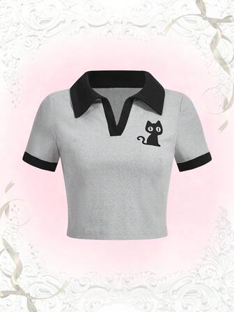 J-Fashion Maglietta con grafica fumetto colletto a contrasto