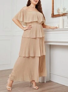Mulvari Plus Off Shoulder Ruffle Trim Dress - Apricot - View 3