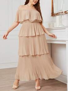 Mulvari Plus Off Shoulder Ruffle Trim Dress - Apricot - View 1