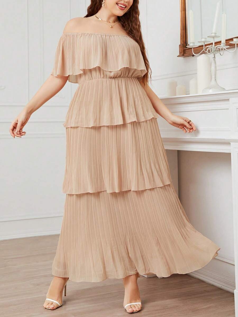 Mulvari Plus Off Shoulder Ruffle Trim Dress - Apricot - View 1