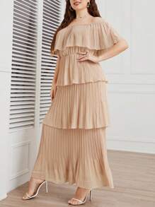 Mulvari Plus Off Shoulder Ruffle Trim Dress - Apricot - View 4