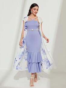 Modelyn 印花開門襟外套和素色層疊下擺連衣裙不附腰帶 - 彩色 - 查看 5