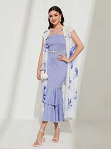 Modelyn 印花開門襟外套和素色層疊下擺連衣裙不附腰帶 - 彩色 - 查看 1