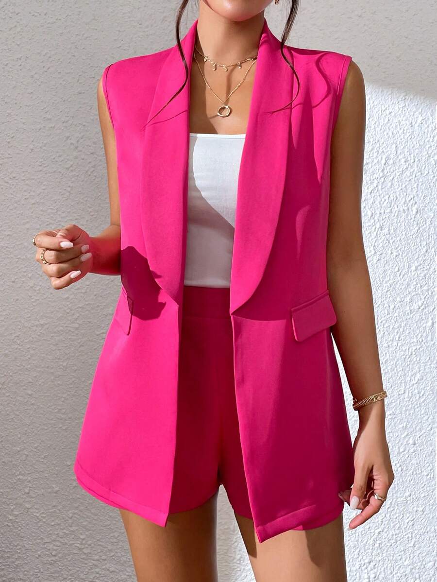 Chiquease Bộ âu phục nữ màu trơn Thanh lịch - Màu Hồng Tươi - Xem 1