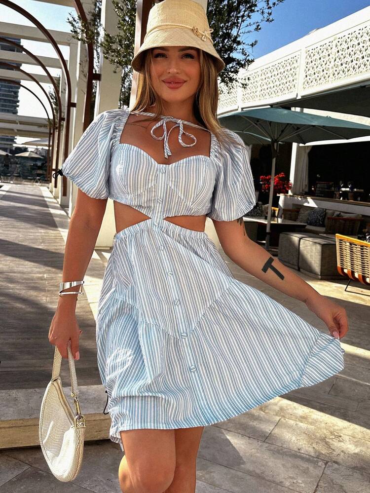 SHEIN Robe À Rayures Ajouré À Nœud Manches Bouffantes - Bleu et Blanc - Voir 1