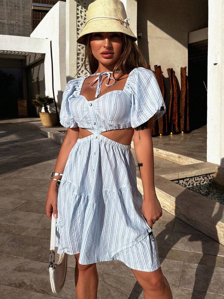 SHEIN Robe À Rayures Ajouré À Nœud Manches Bouffantes - Bleu et Blanc - Voir 3
