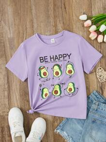 SHEIN 青少年女孩卡通和標語圖案T恤 - 紫丁香色 - 查看 1
