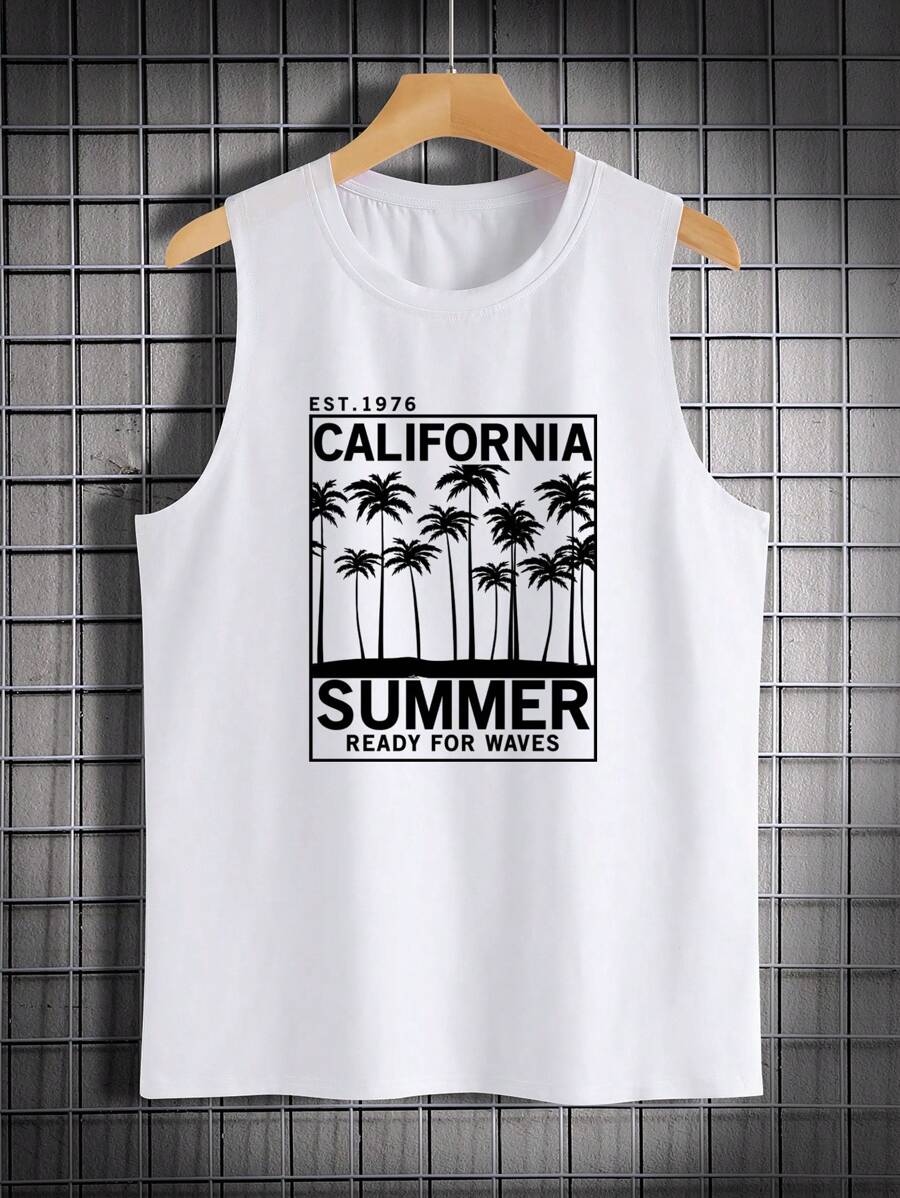 Manfinity RSRT 男士熱帶印花和字母圖案背心上衣 - 白色 - 查看 1