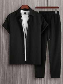 Manfinity Homme 男士素色襯衫&腰部抽繩長褲不帶T恤 - 黑色 - 查看 1