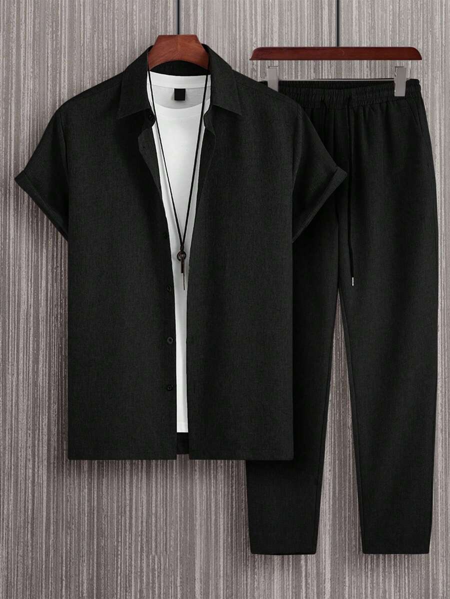 Manfinity Homme 男士素色襯衫&腰部抽繩長褲不帶T恤 - 黑色 - 查看 1