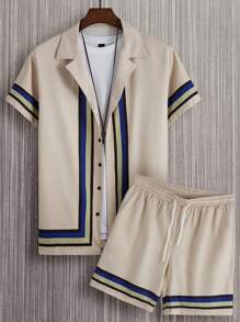 Manfinity RSRT Men Striped Trim Shirt & Drawstring Waist Shorts - Apricot - View 4