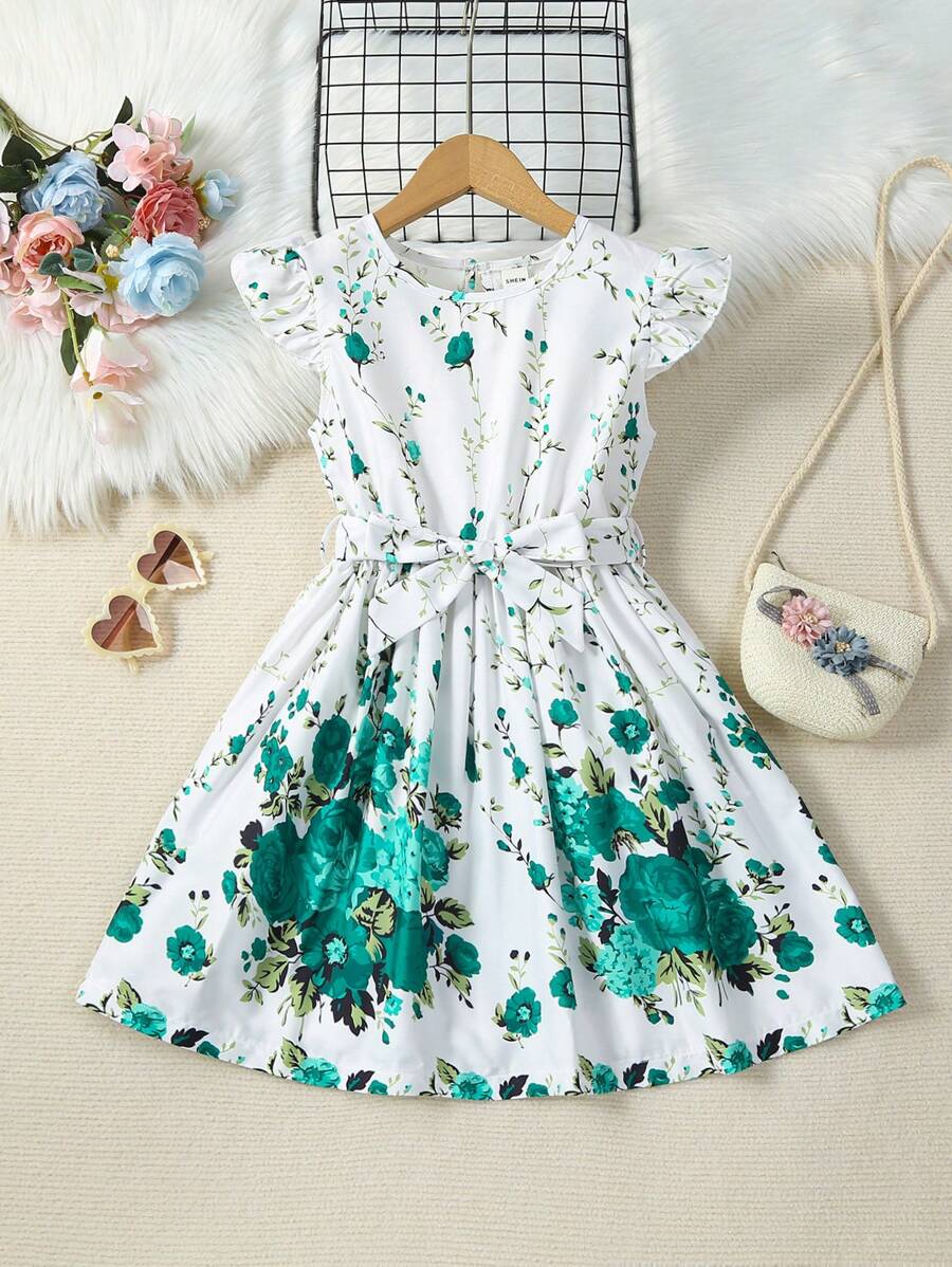SHEIN Girls' New Green Floral Print Round Neck Cap Sleeve Cinched Waist Mid-Length A-Line Dress, Summer - Green - View 1