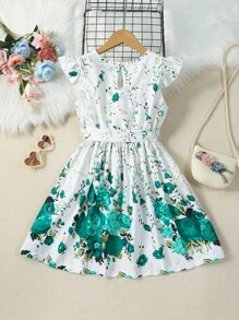 SHEIN Girls' New Green Floral Print Round Neck Cap Sleeve Cinched Waist Mid-Length A-Line Dress, Summer - Green - View 2