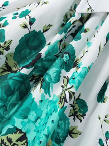 SHEIN Girls' New Green Floral Print Round Neck Cap Sleeve Cinched Waist Mid-Length A-Line Dress, Summer - Green - View 3