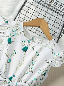 SHEIN Girls' New Green Floral Print Round Neck Cap Sleeve Cinched Waist Mid-Length A-Line Dress, Summer - Green - View 4