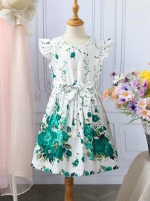 SHEIN Girls' New Green Floral Print Round Neck Cap Sleeve Cinched Waist Mid-Length A-Line Dress, Summer - Green - View 5