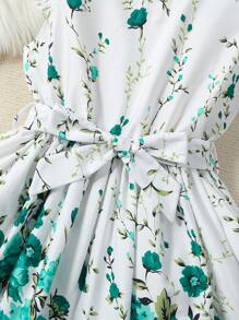 SHEIN Girls' New Green Floral Print Round Neck Cap Sleeve Cinched Waist Mid-Length A-Line Dress, Summer - Green - View 6