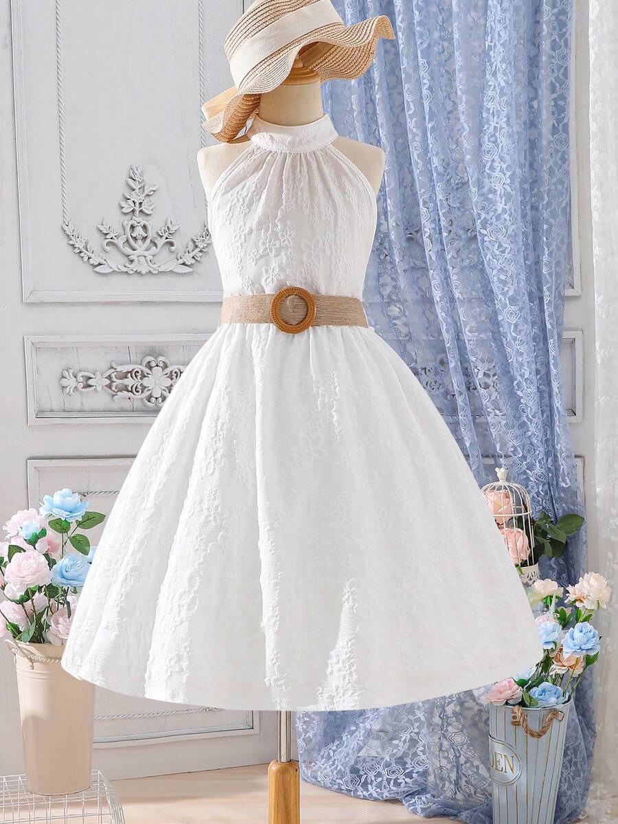 SHEIN 女大童提花無袖腰帶吊脖派對禮服 - 白色 - 查看 1