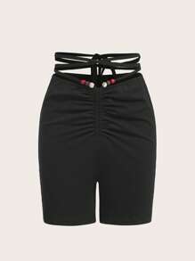 ROMWE 抽繩褶邊交叉後綁帶騎行褲 - 黑色 - 查看 1