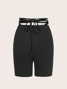 ROMWE 抽繩褶邊交叉後綁帶騎行褲 - 黑色 - 查看 2