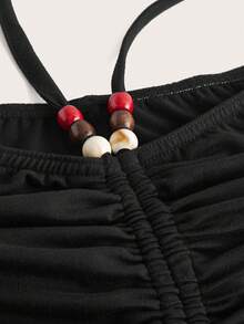 ROMWE 抽繩褶邊交叉後綁帶騎行褲 - 黑色 - 查看 3