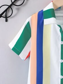 SHEIN 小男童條紋印花襯衫和翻蓋口袋短褲和背心上衣