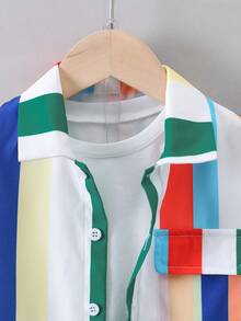 SHEIN 小男童條紋印花襯衫和翻蓋口袋短褲和背心上衣