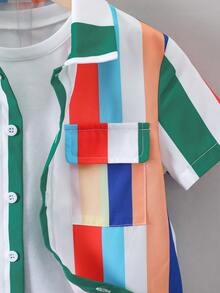 SHEIN 小男童條紋印花襯衫和翻蓋口袋短褲和背心上衣