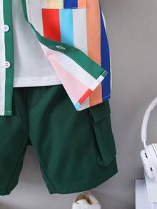 SHEIN 小男童條紋印花襯衫和翻蓋口袋短褲和背心上衣