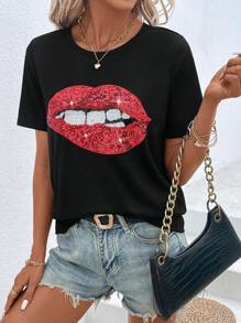SHEIN LUNE Lip Print Contrast Sequin Tee,Casual - Black - View 4