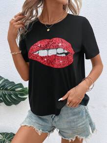 SHEIN LUNE Lip Print Contrast Sequin Tee,Casual - Black - View 5
