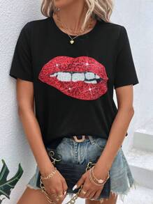 SHEIN LUNE Lip Print Contrast Sequin Tee,Casual - Black - View 6