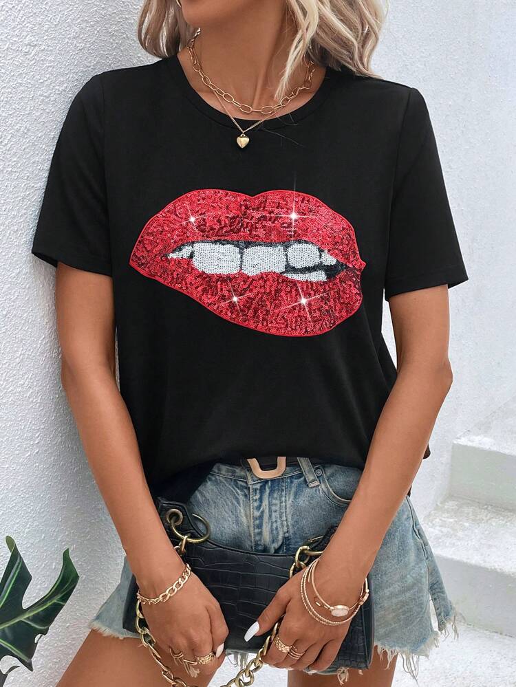 Lip Print Contrast Sequin Tee,Casual